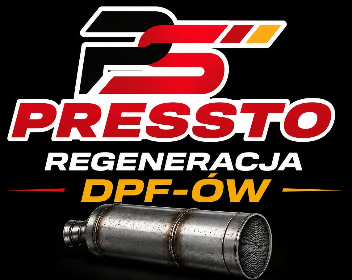 PRESSTO regeneracja DPF-ów Dąbrowa Tarnowska – logo i filtr cząstek stałych
